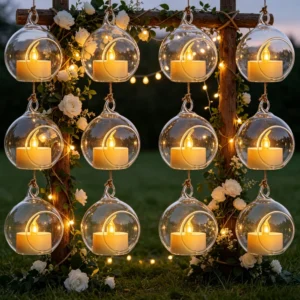 Bougeoirs suspendus en verre avec lumières LED – 6 ou 12 pièces