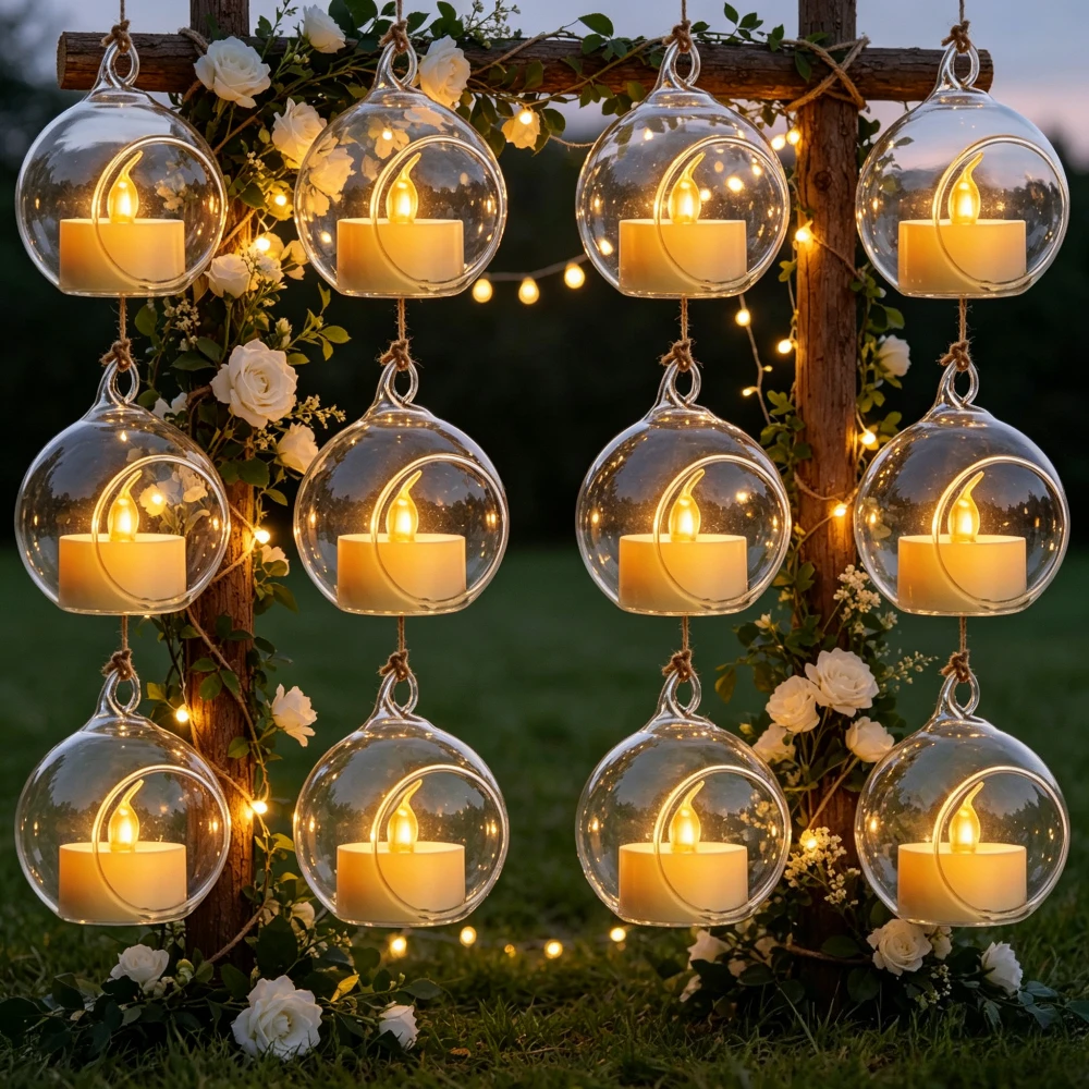 Bougeoirs suspendus en verre avec lumières LED – 6 ou 12 pièces