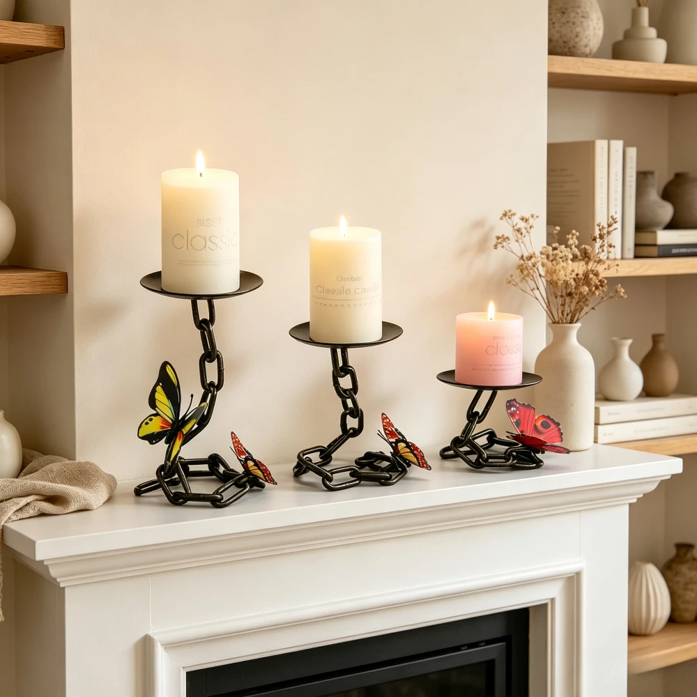 Lot de 3 bougeoirs en fer à chaîne, noir, style vintage – Image 2
