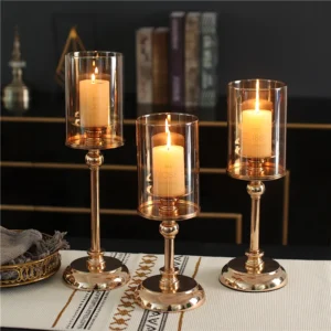 Bougeoir en verre doré pour bougie pilier – 1 pièce