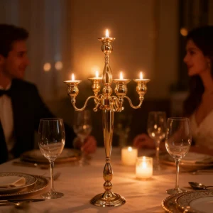 Candélabre doré à 5 bras avec bougeoirs en cristal