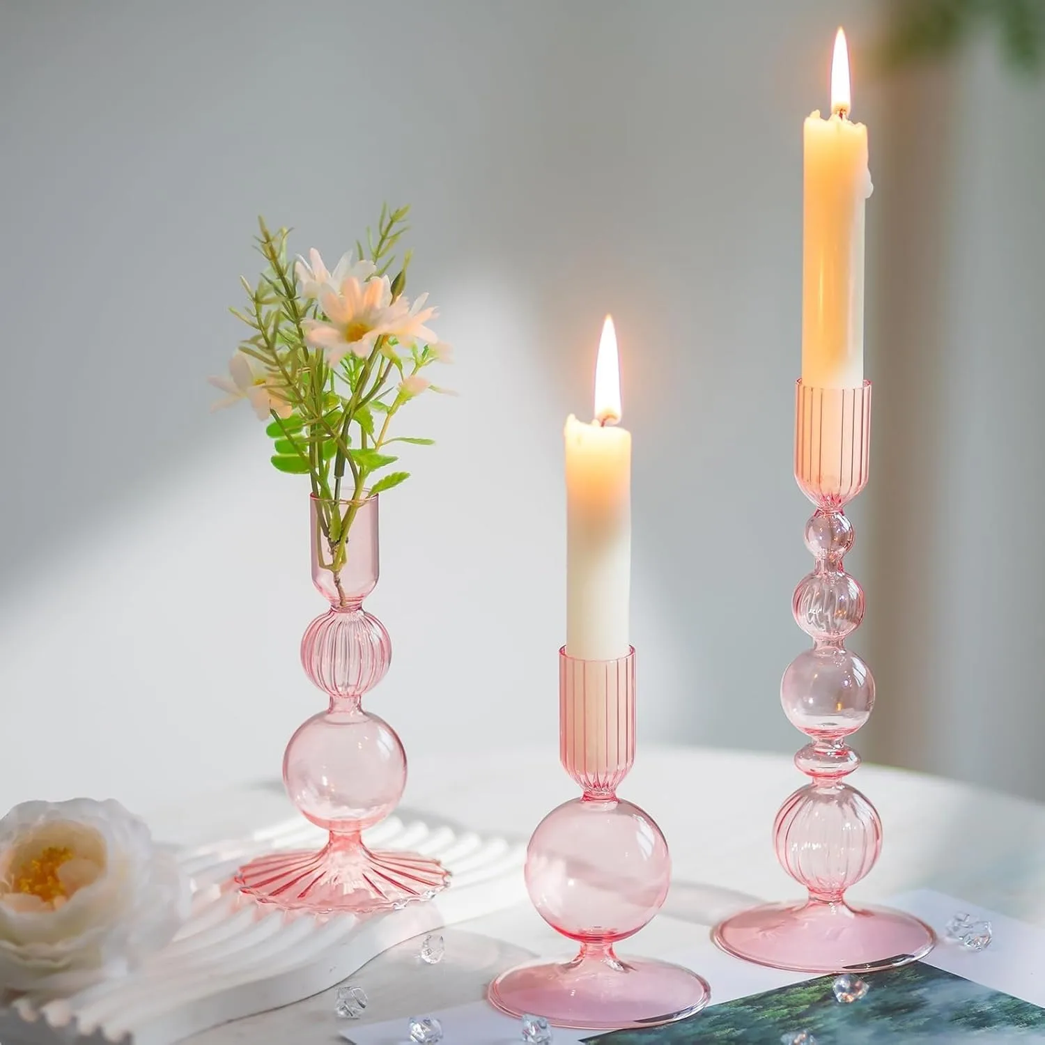 Lot de 3 bougeoirs en verre coniques ondulés