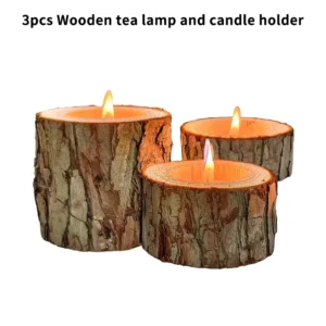 Lot de 3 bougeoirs en bois style nordique, forme de souche d’arbre