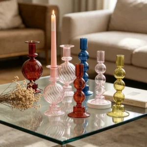 Bougeoirs en verre coloré rétro à boule rayée