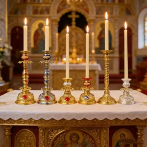 Ensemble de chandeliers orthodoxes plaqués or avec émail rouge et bleu