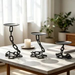 Lot de 3 bougeoirs en fer à chaîne, noir, style vintage