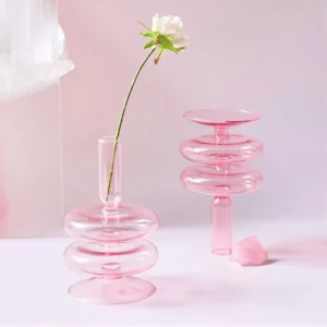 Bougeoir en verre rose pour bougie conique