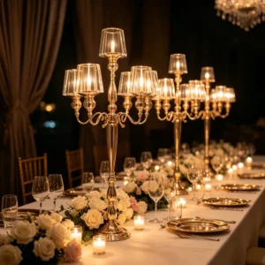 Chandeliers en métal argenté, supports cylindriques pour bougies
