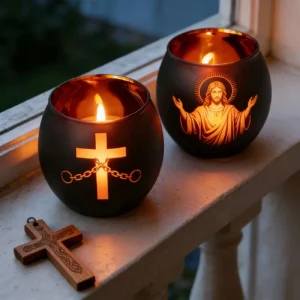 Lot de 2 bougeoirs votifs en verre noir avec figurines et croix