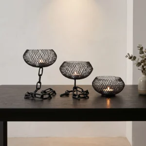 Lot de 3 bougeoirs en métal à chaîne avec paniers en maille multicolores
