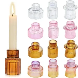 Lot de 3 bougeoirs en verre côtelé coloré à double face