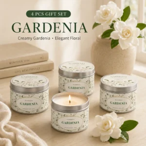 Bougie parfumée au gardénia en cire de soja, boîte argentée
