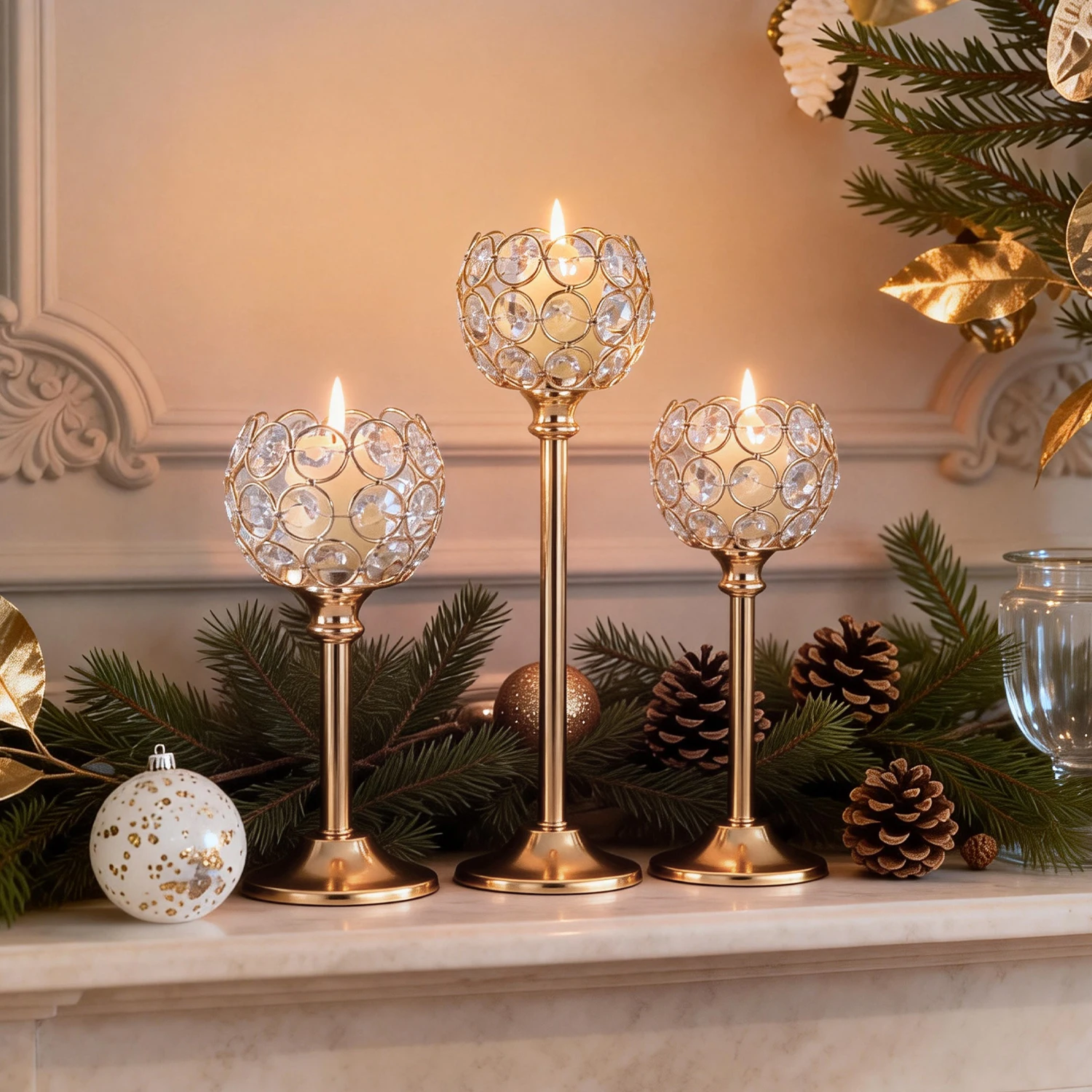 Lot de 3 bougeoirs en métal doré et argenté avec verre – Image 2